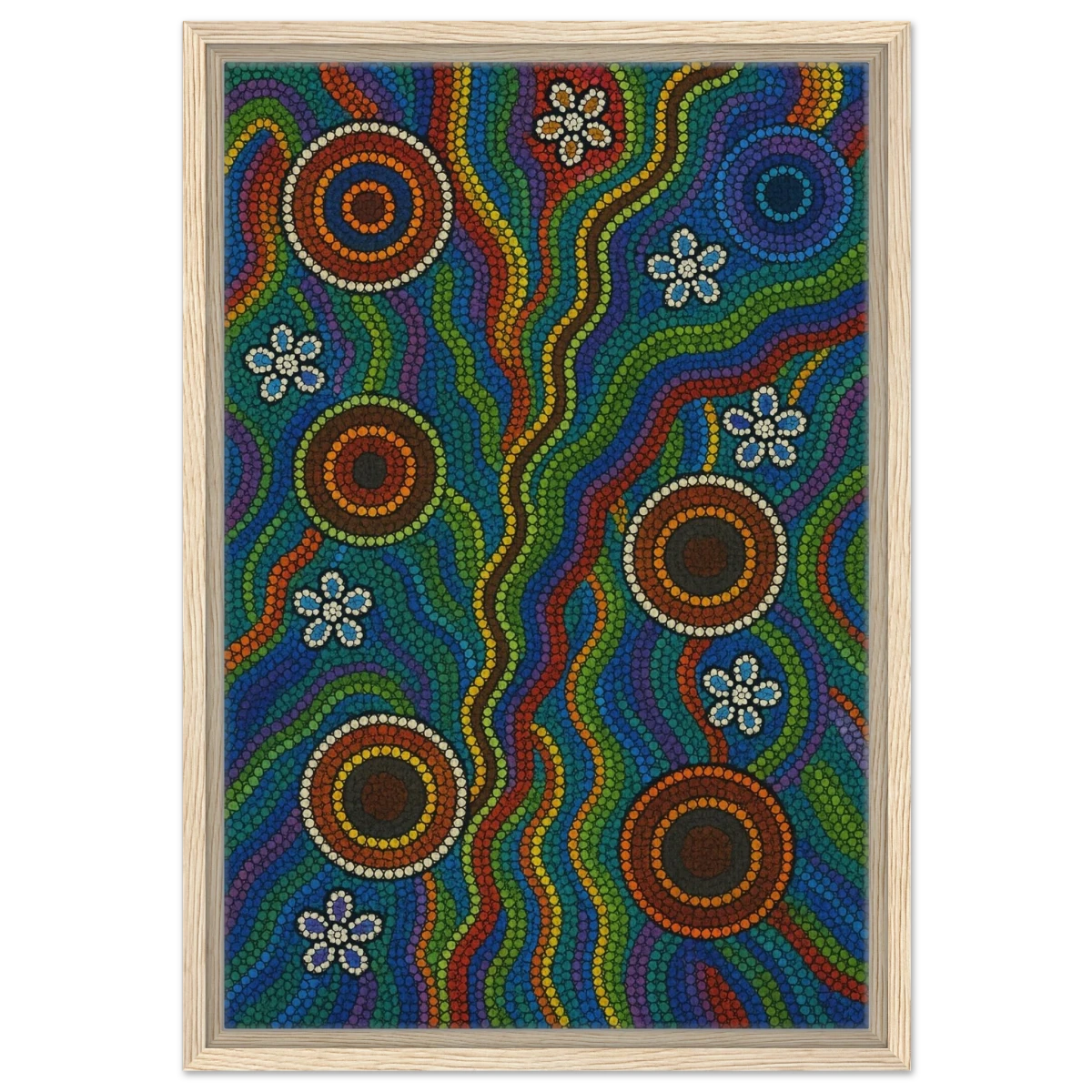 Rainbow Dreaming Aboriginal Wall Art Print - Framed Canvas - 40x60 cm / 16x24″ - Wood frame