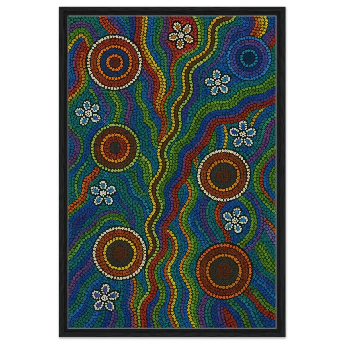 Rainbow Dreaming Aboriginal Wall Art Print - Framed Canvas - 60x90 cm / 24x36″ - Black frame