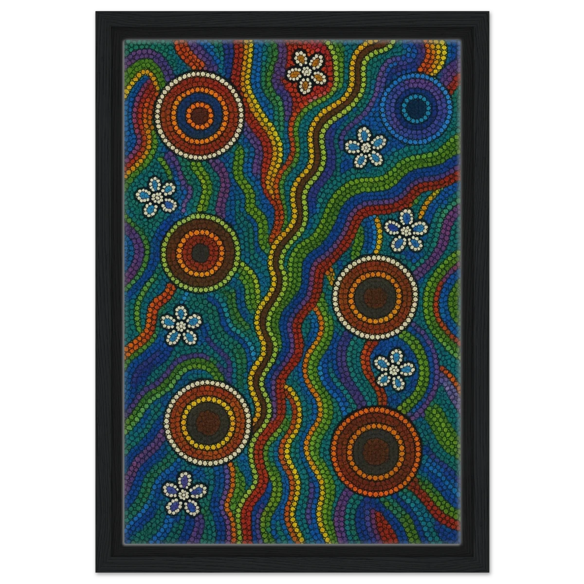 Rainbow Dreaming Aboriginal Wall Art Print - Framed Canvas - 30x45 cm / 12x18″ - Black frame