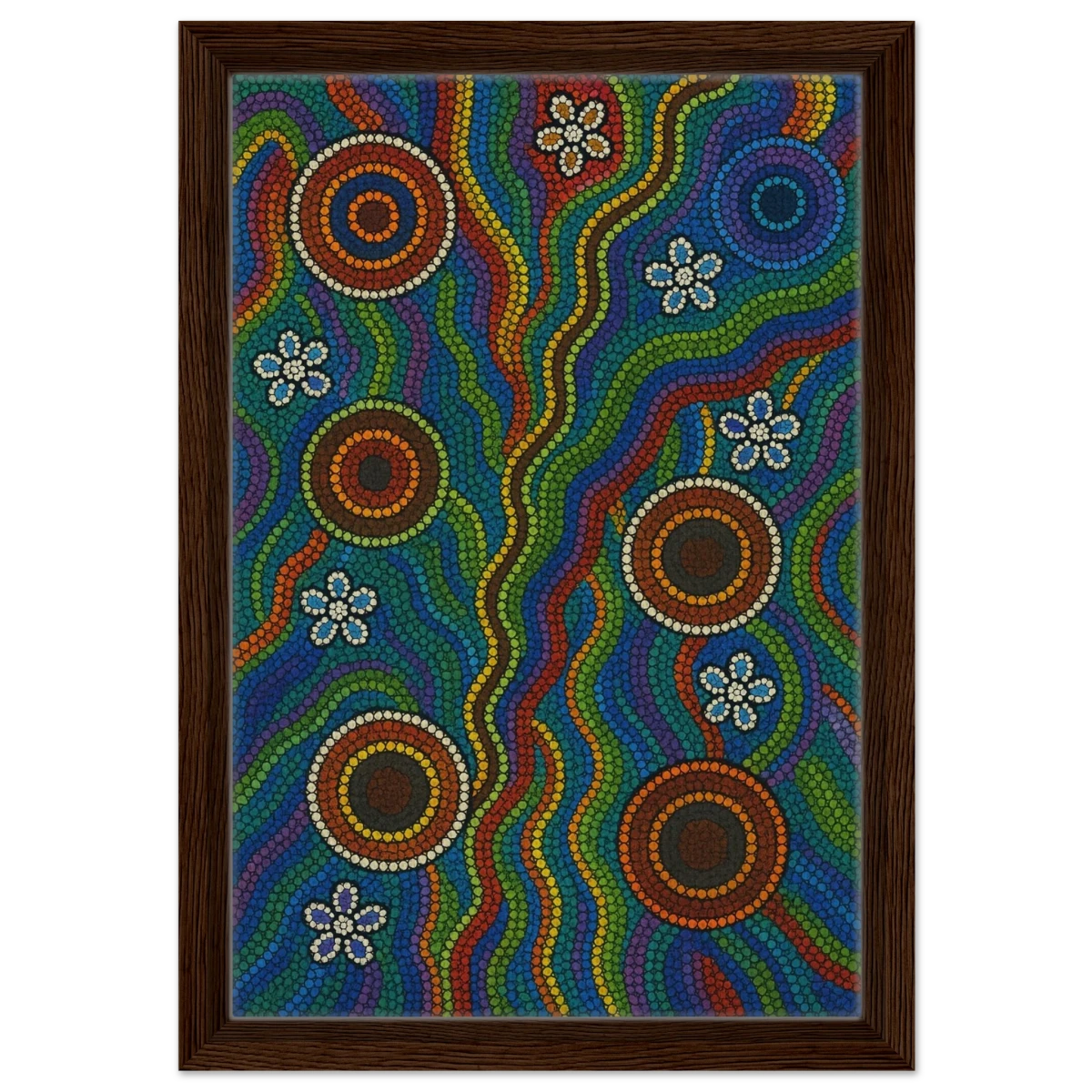 Rainbow Dreaming Aboriginal Wall Art Print - Framed Canvas - 30x45 cm / 12x18″ - Dark wood frame