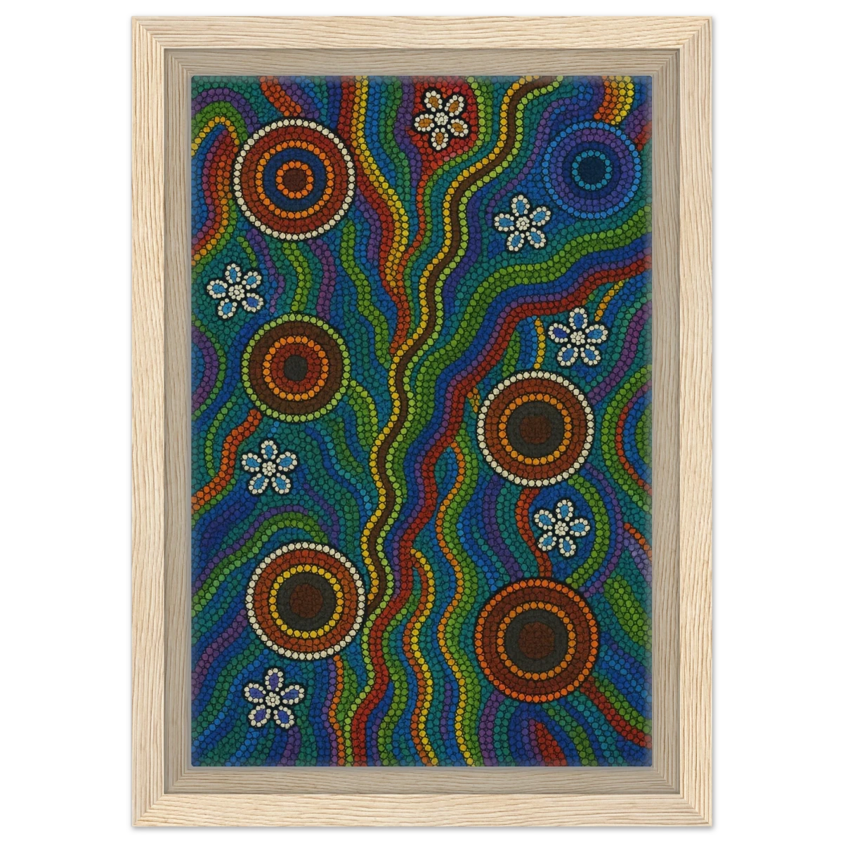 Rainbow Dreaming Aboriginal Wall Art Print - Framed Canvas - 20x30 cm / 8x12″ - Wood frame
