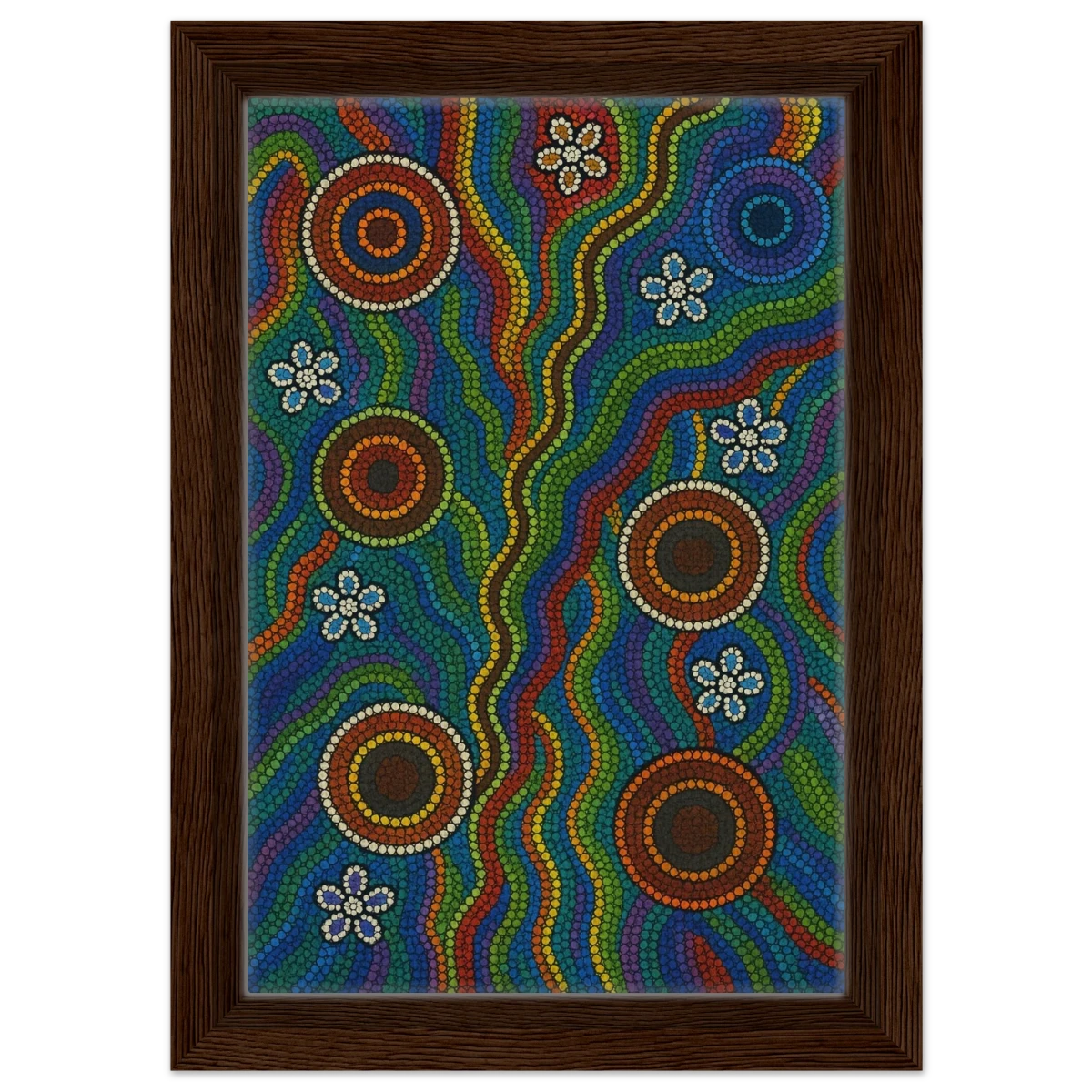 Rainbow Dreaming Aboriginal Wall Art Print - Framed Canvas - 20x30 cm / 8x12″ - Dark wood frame