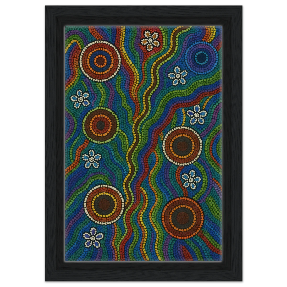 Rainbow Dreaming Aboriginal Wall Art Print - Framed Canvas - 20x30 cm / 8x12″ - Black frame