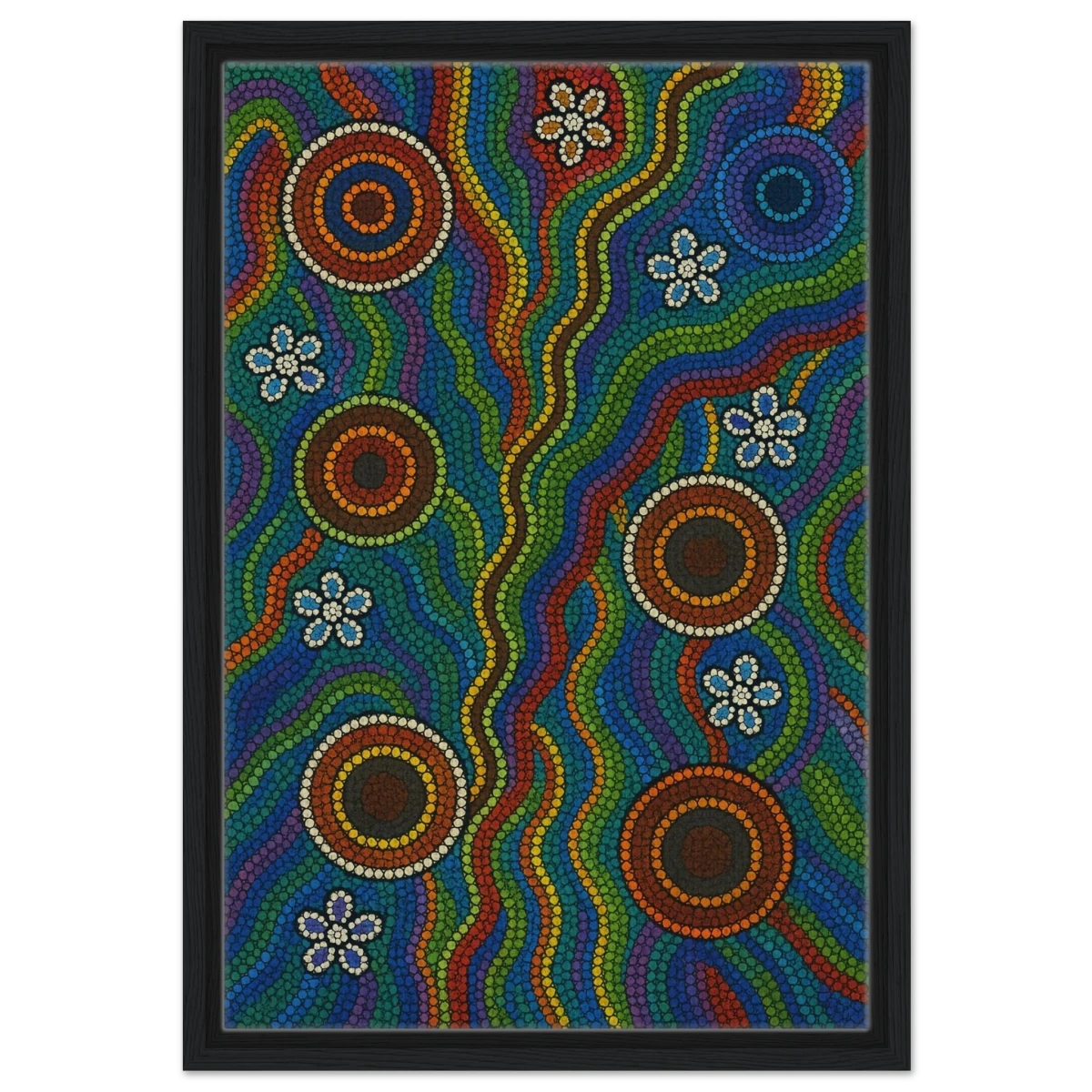 Rainbow Dreaming Aboriginal Wall Art Print - Framed Canvas - 40x60 cm / 16x24″ - Black frame