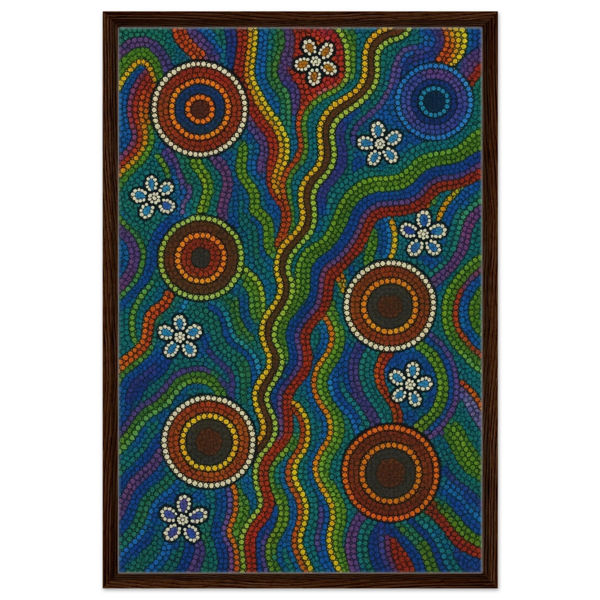Rainbow Dreaming Aboriginal Wall Art Print - Framed Canvas - 60x90 cm / 24x36″ - Dark wood frame