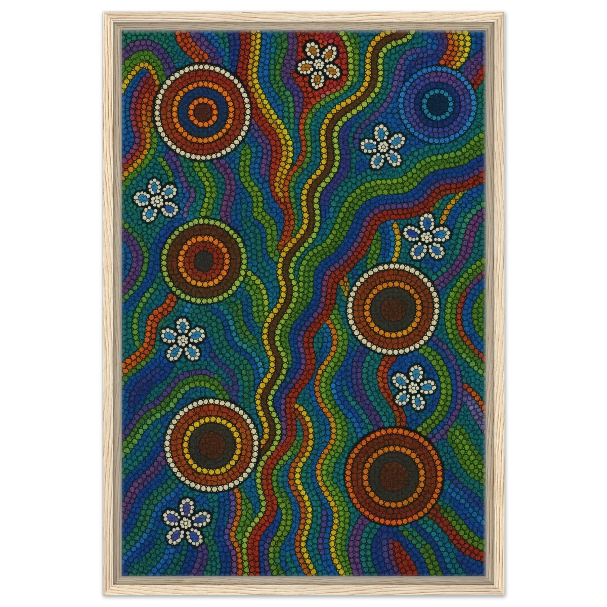Rainbow Dreaming Aboriginal Wall Art Print - Framed Canvas - 50x75 cm / 20x30″ - Wood frame