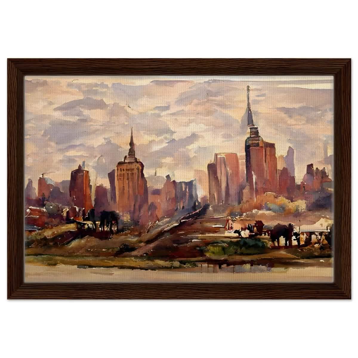 Reflections of Metropolis | Impressionist Urban Landscape Wall art Print - Framed Canvas - 30x45 cm / 12x18″ - Dark wood frame