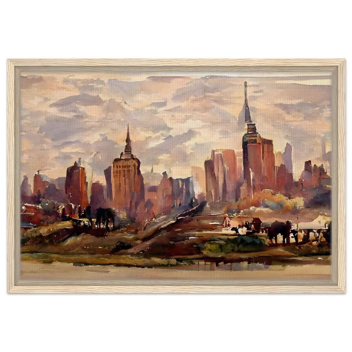 Reflections of Metropolis | Impressionist Urban Landscape Wall art Print - Framed Canvas - 40x60 cm / 16x24″ - Wood frame