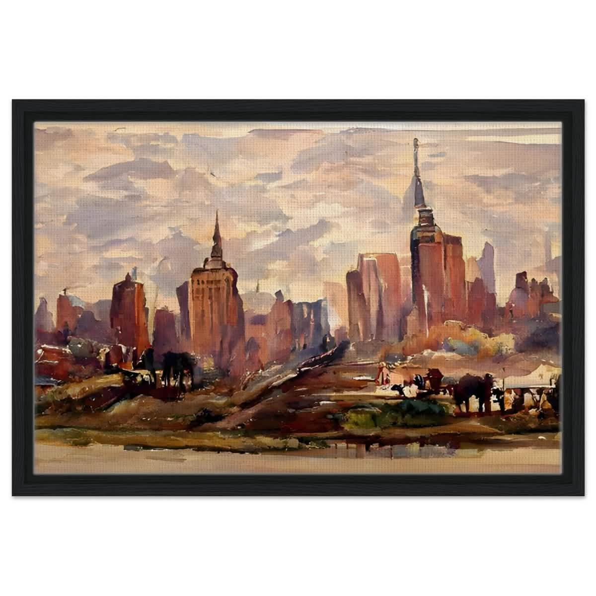 Reflections of Metropolis | Impressionist Urban Landscape Wall art Print - Framed Canvas - 40x60 cm / 16x24″ - Black frame