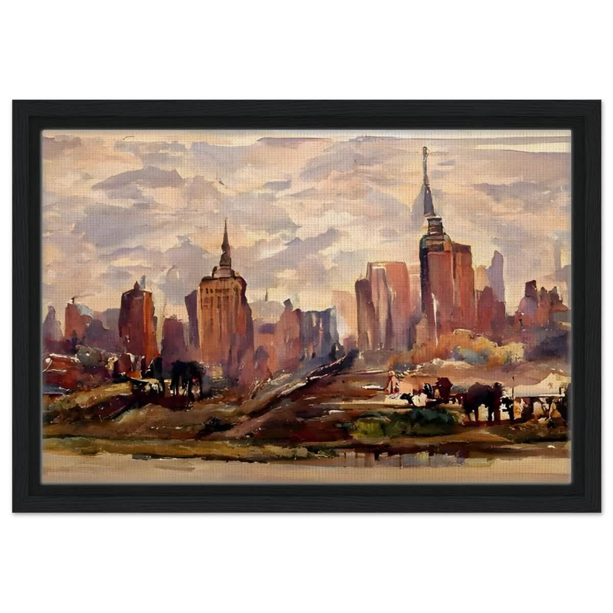 Reflections of Metropolis | Impressionist Urban Landscape Wall art Print - Framed Canvas - 30x45 cm / 12x18″ - Black frame