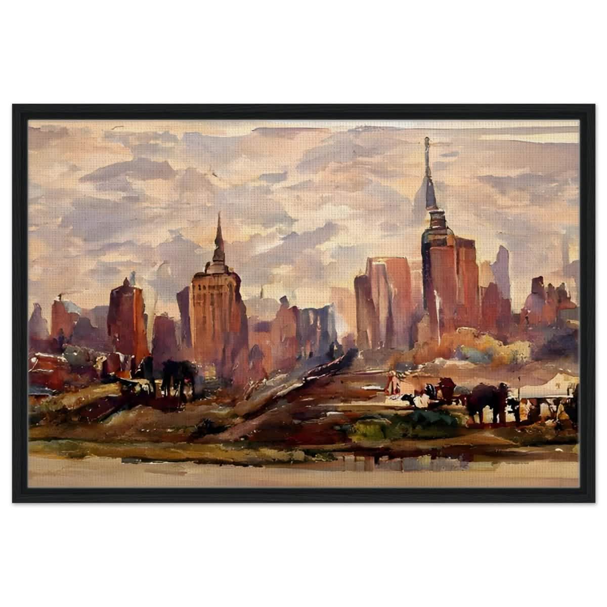Reflections of Metropolis | Impressionist Urban Landscape Wall art Print - Framed Canvas - 60x90 cm / 24x36″ - Black frame