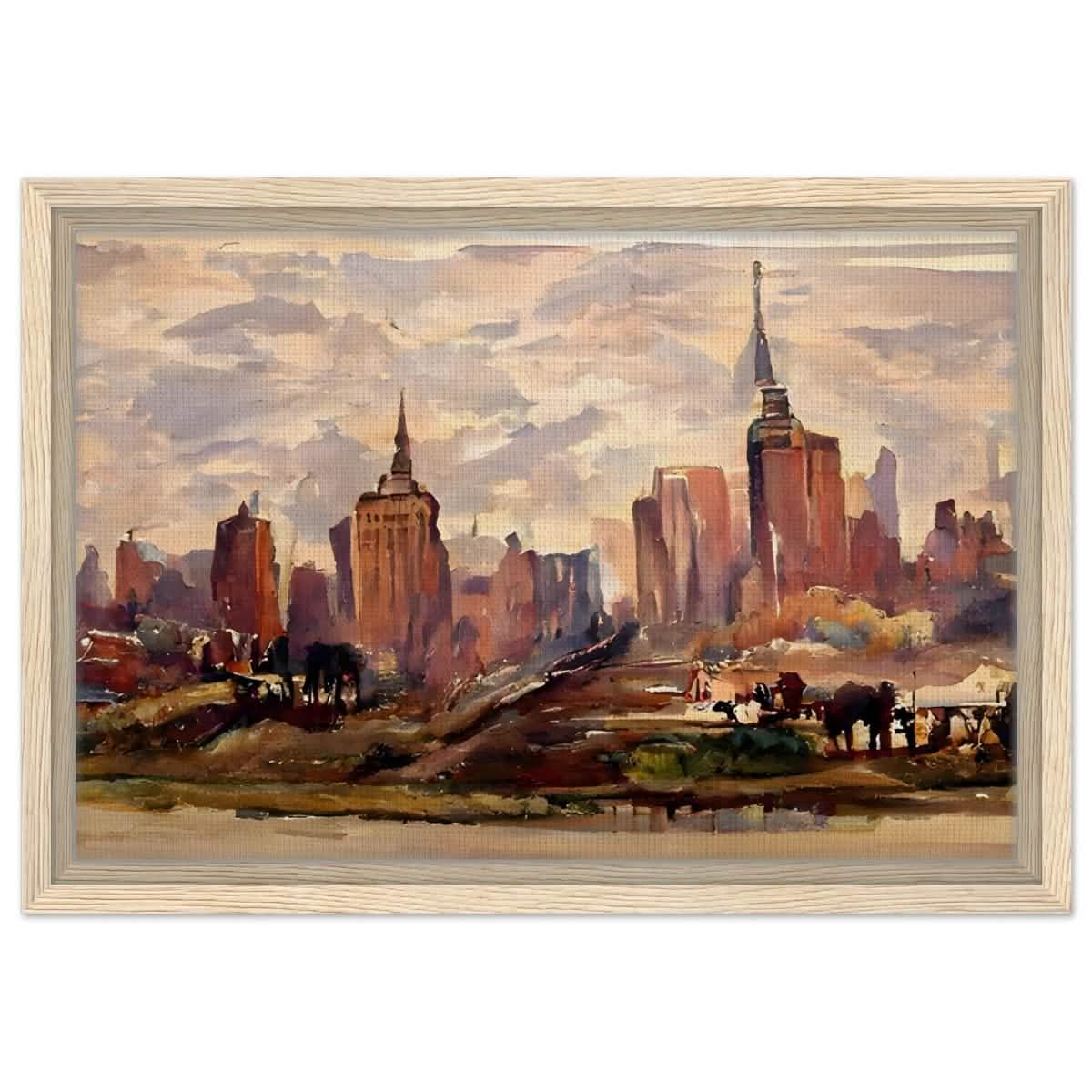 Reflections of Metropolis | Impressionist Urban Landscape Wall art Print - Framed Canvas - 30x45 cm / 12x18″ - Wood frame