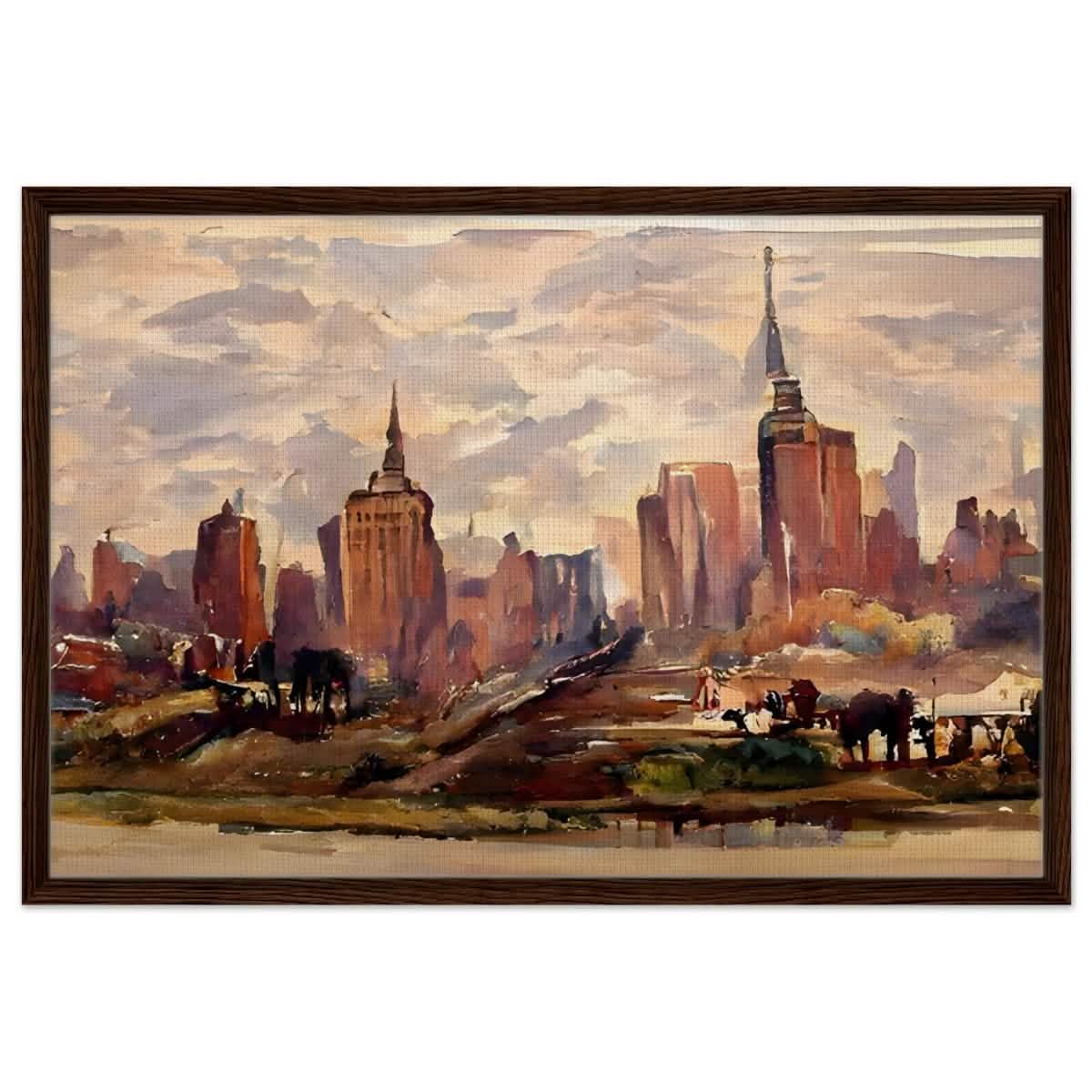 Reflections of Metropolis | Impressionist Urban Landscape Wall art Print - Framed Canvas - 60x90 cm / 24x36″ - Dark wood frame