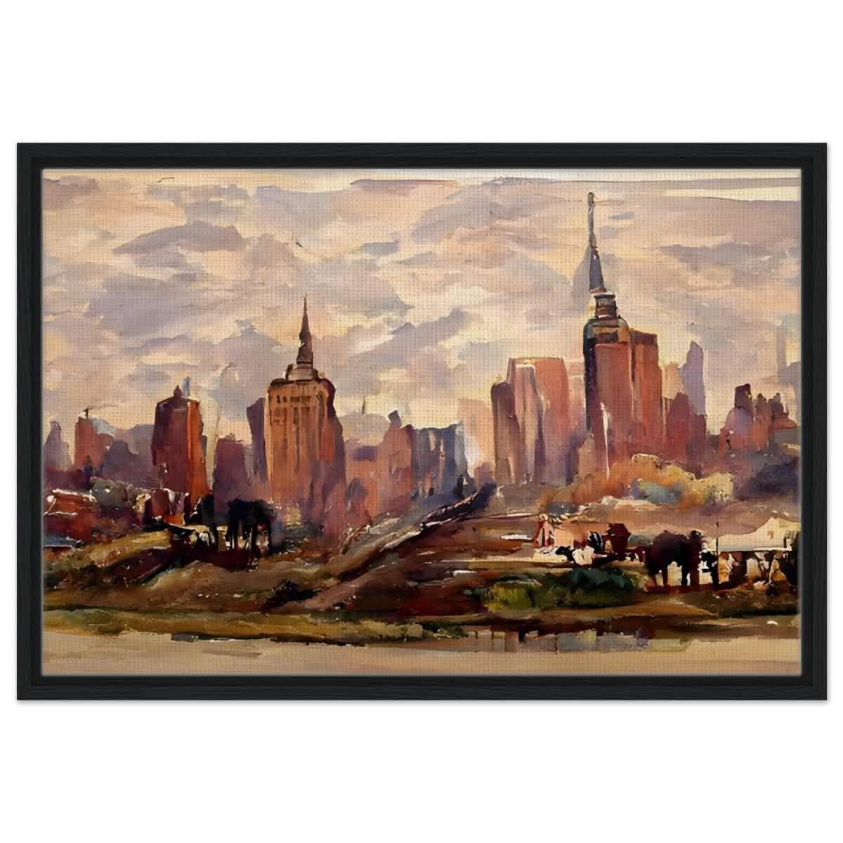 Reflections of Metropolis | Impressionist Urban Landscape Wall art Print - Framed Canvas - 50x75 cm / 20x30″ - Black frame