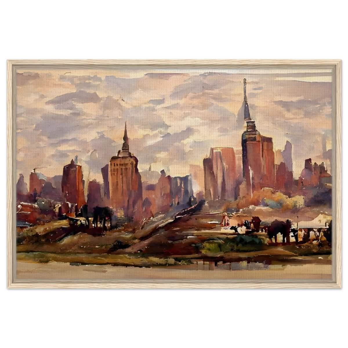 Reflections of Metropolis | Impressionist Urban Landscape Wall art Print - Framed Canvas - 60x90 cm / 24x36″ - Wood frame