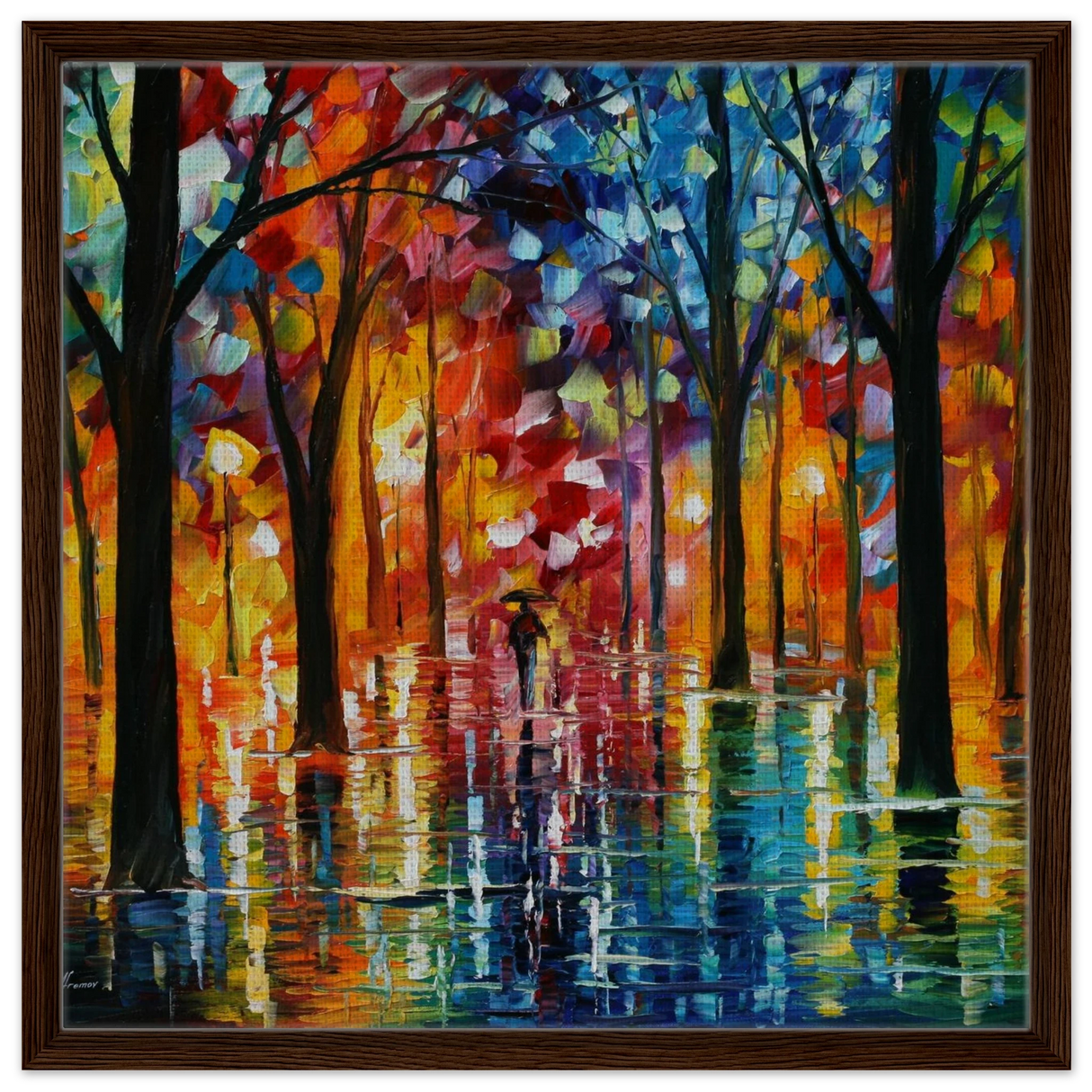 Reflections of Twilight – Vibrant Abstract City Park Wall Art - Framed Canvas - 60x60 cm / 24x24″ - Dark wood frame