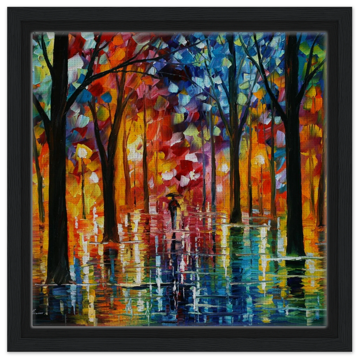 Reflections of Twilight – Vibrant Abstract City Park Wall Art - Framed Canvas - 30x30 cm / 12x12″ - Black frame