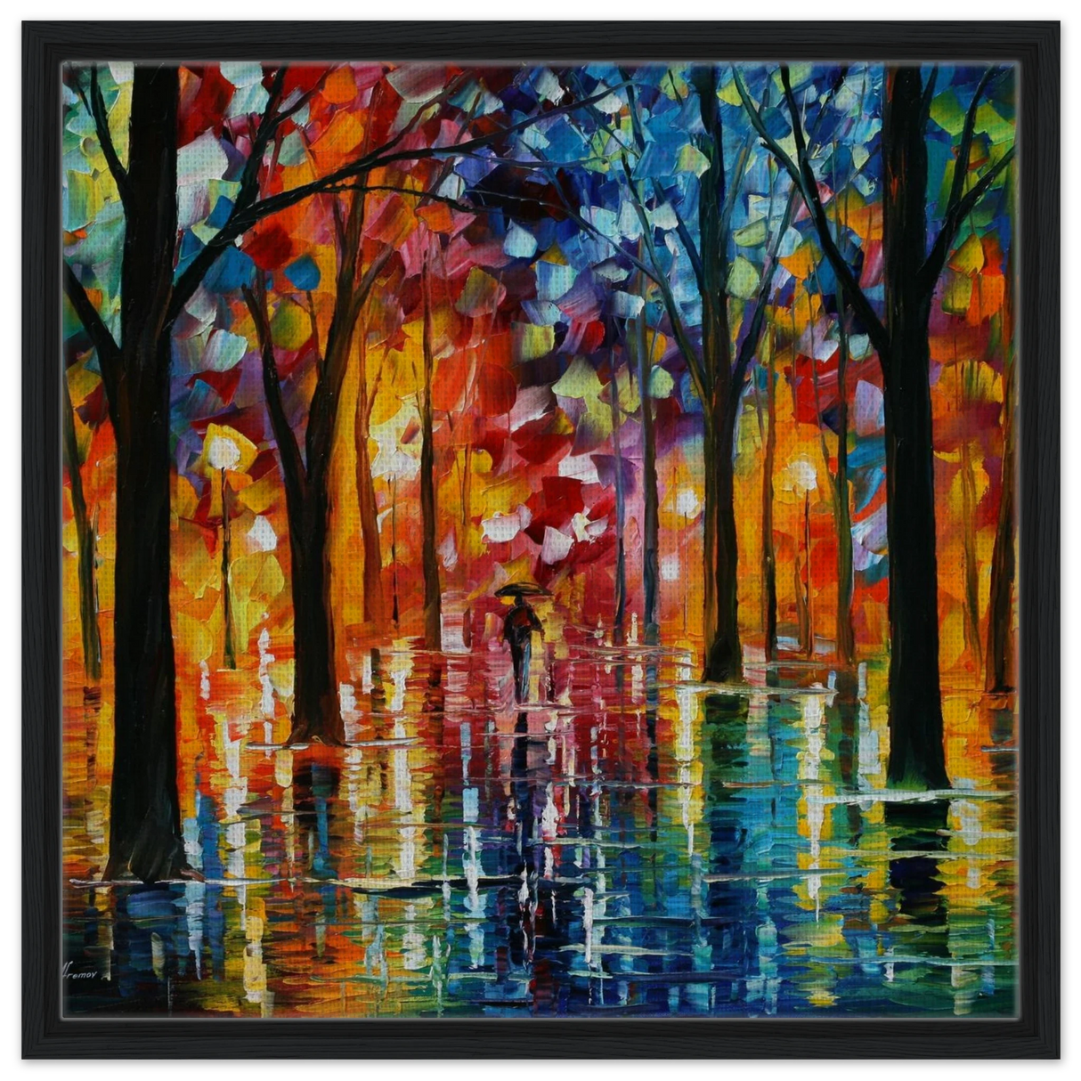 Reflections of Twilight – Vibrant Abstract City Park Wall Art - Framed Canvas - 60x60 cm / 24x24″ - Black frame