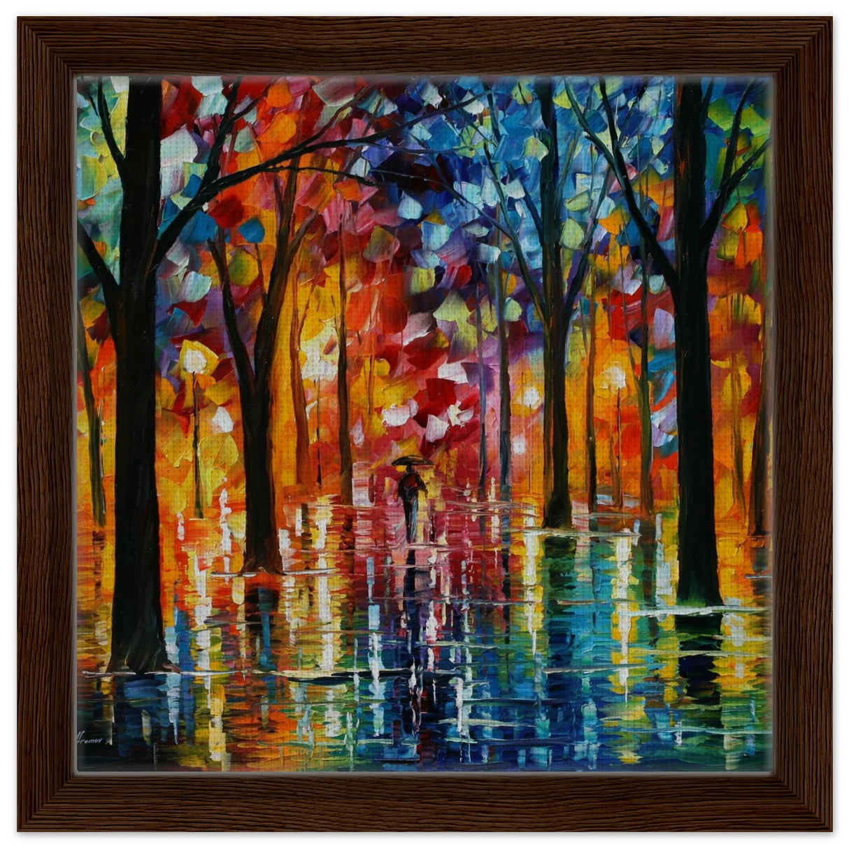 Reflections of Twilight – Vibrant Abstract City Park Wall Art - Framed Canvas - 30x30 cm / 12x12″ - Dark wood frame
