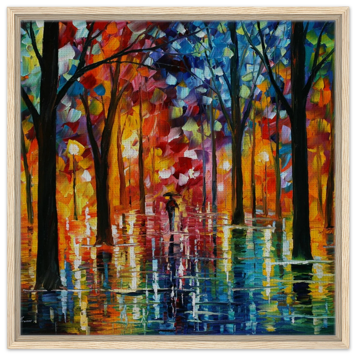 Reflections of Twilight – Vibrant Abstract City Park Wall Art - Framed Canvas - 60x60 cm / 24x24″ - Wood frame