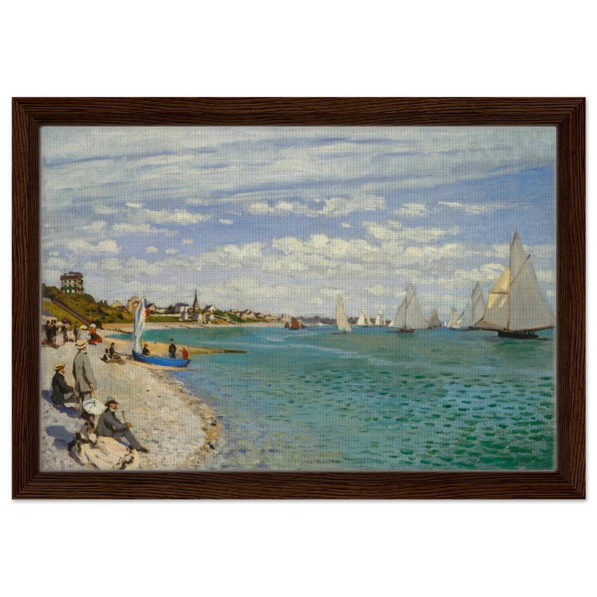 Regatta at Sainte - Adresse – Claude Monet Coastal Impressionist Wall Art Print - Framed Canvas - 30x45 cm / 12x18″ - Dark wood frame