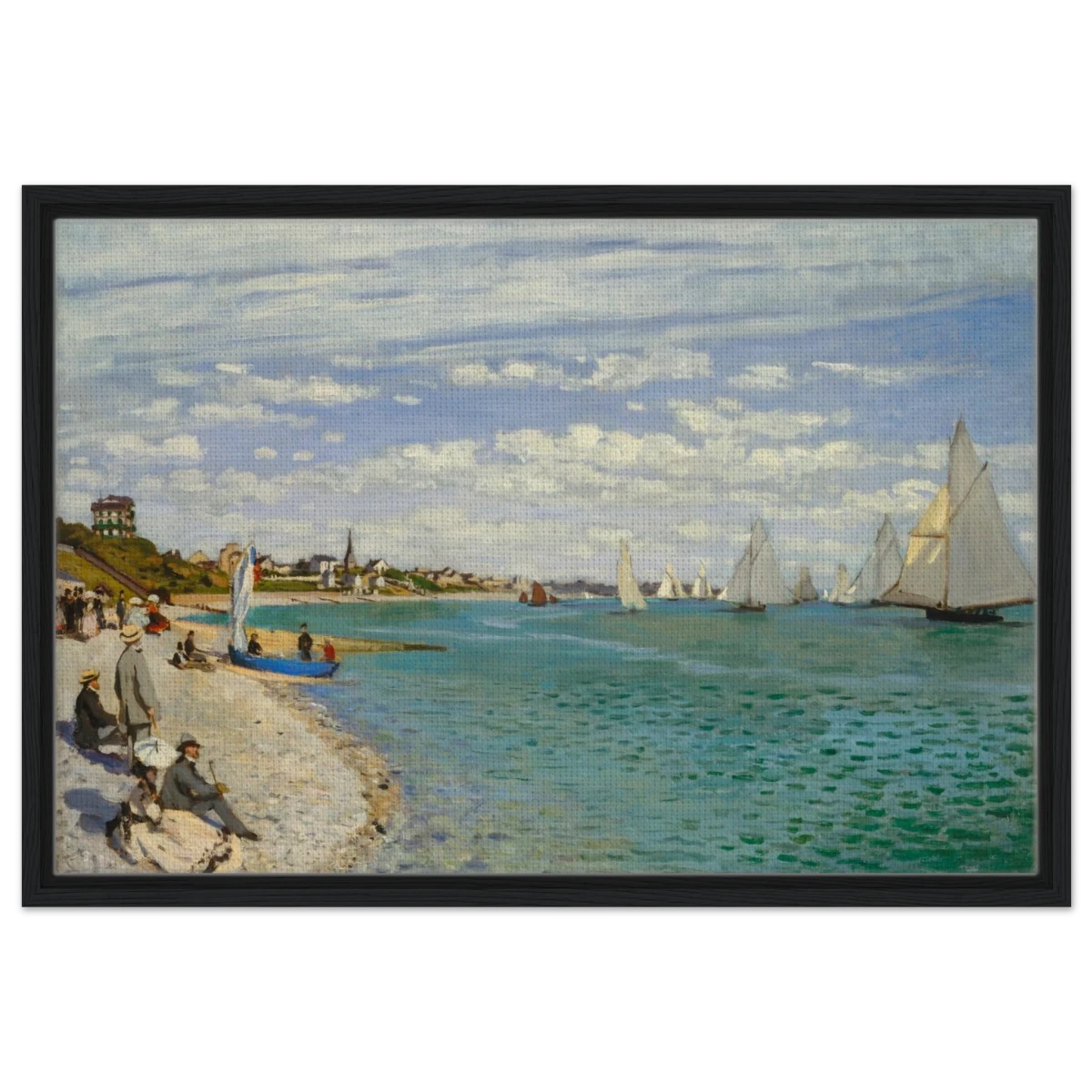 Regatta at Sainte - Adresse – Claude Monet Coastal Impressionist Wall Art Print - Framed Canvas - 50x75 cm / 20x30″ - Black frame