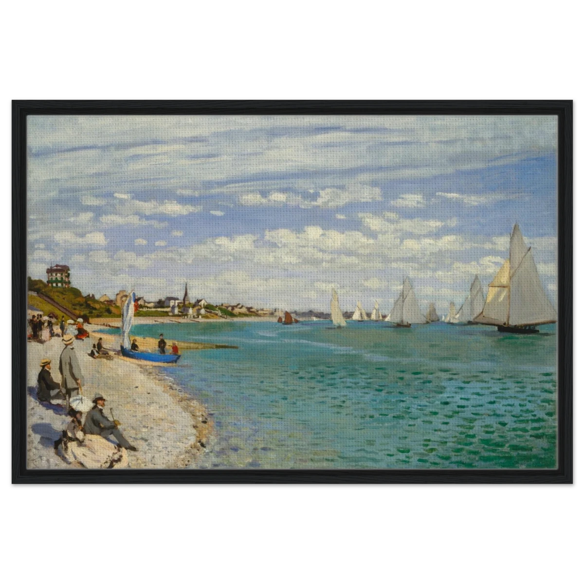 Regatta at Sainte - Adresse – Claude Monet Coastal Impressionist Wall Art Print - Framed Canvas - 60x90 cm / 24x36″ - Black frame