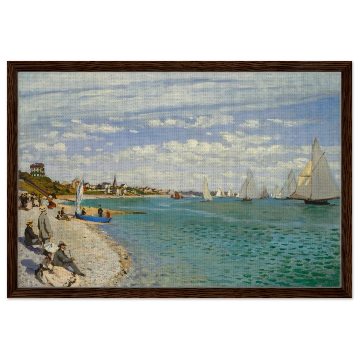 Regatta at Sainte - Adresse – Claude Monet Coastal Impressionist Wall Art Print - Framed Canvas - 50x75 cm / 20x30″ - Dark wood frame
