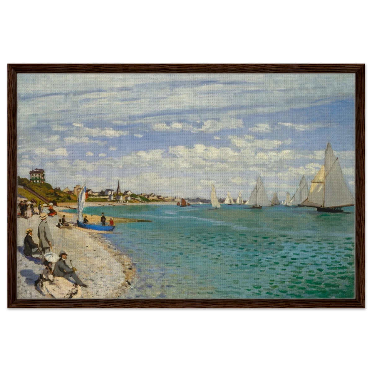 Regatta at Sainte - Adresse – Claude Monet Coastal Impressionist Wall Art Print - Framed Canvas - 60x90 cm / 24x36″ - Dark wood frame