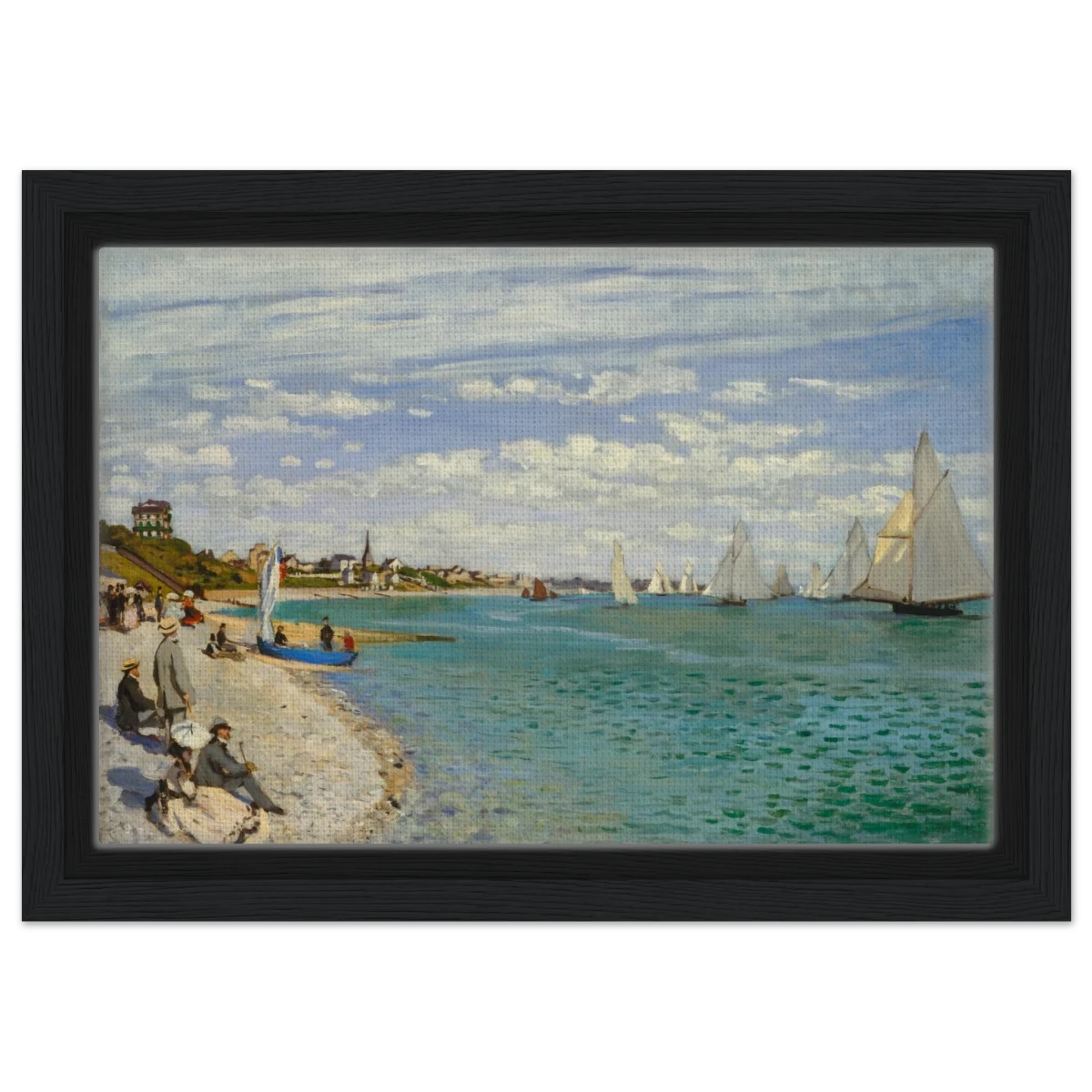 Regatta at Sainte - Adresse – Claude Monet Coastal Impressionist Wall Art Print - Framed Canvas - 20x30 cm / 8x12″ - Black frame