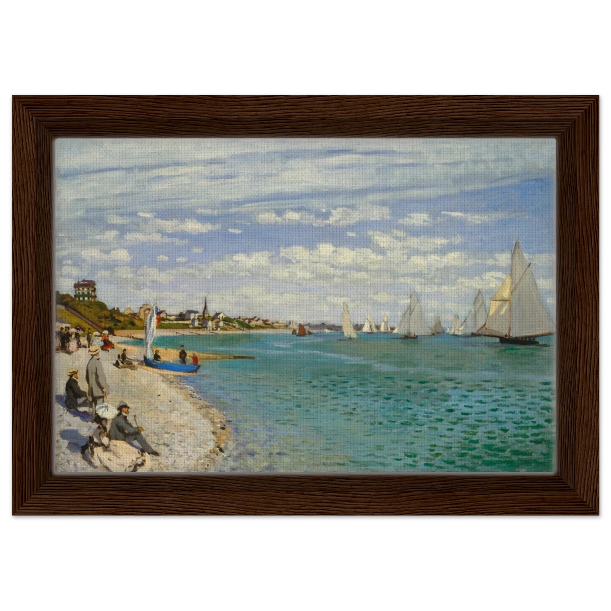 Regatta at Sainte - Adresse – Claude Monet Coastal Impressionist Wall Art Print - Framed Canvas - 20x30 cm / 8x12″ - Dark wood frame