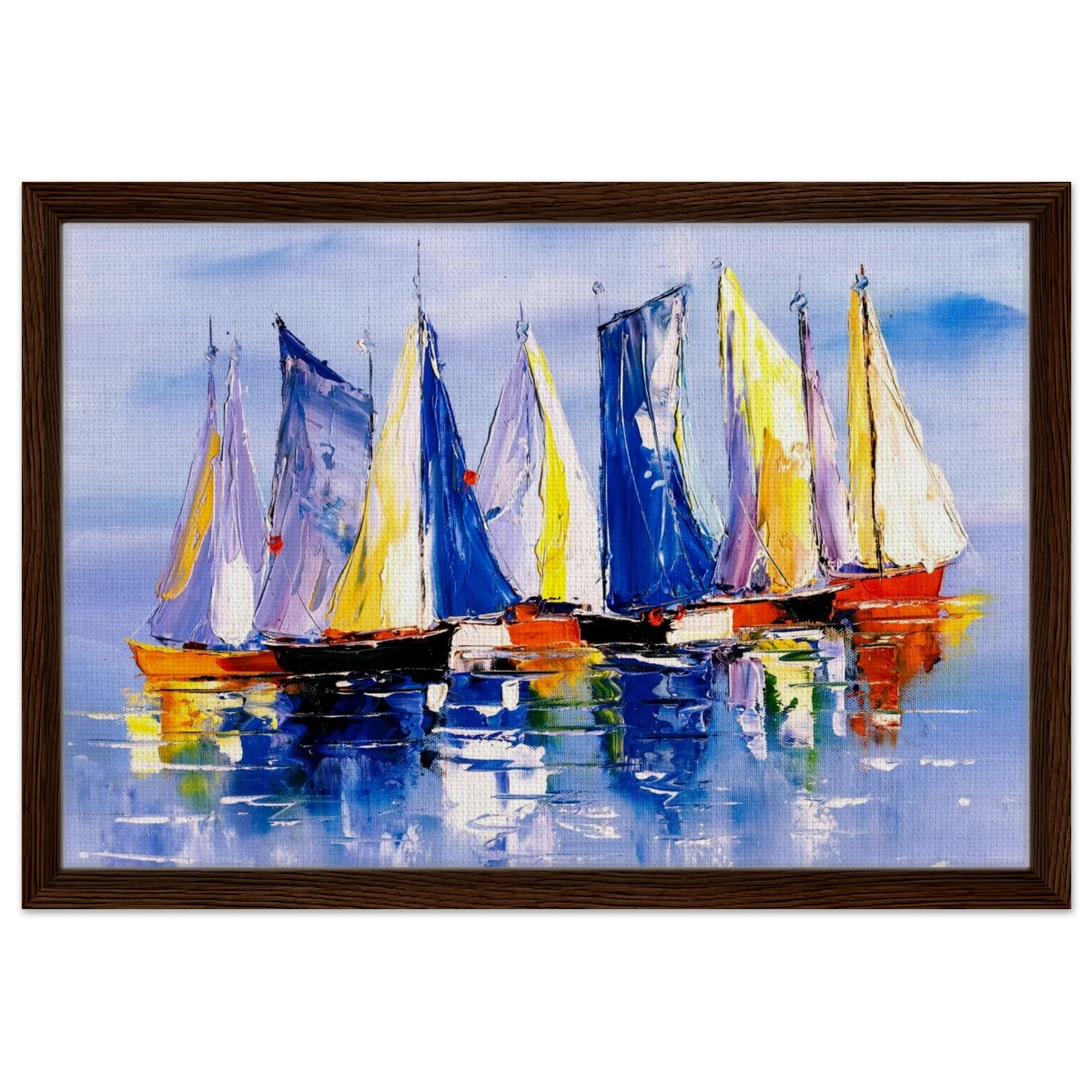 Regatta Reflections – Colourful Sailboats Wall Art Print - Framed Canvas - 40x60 cm / 16x24″ - Dark wood frame