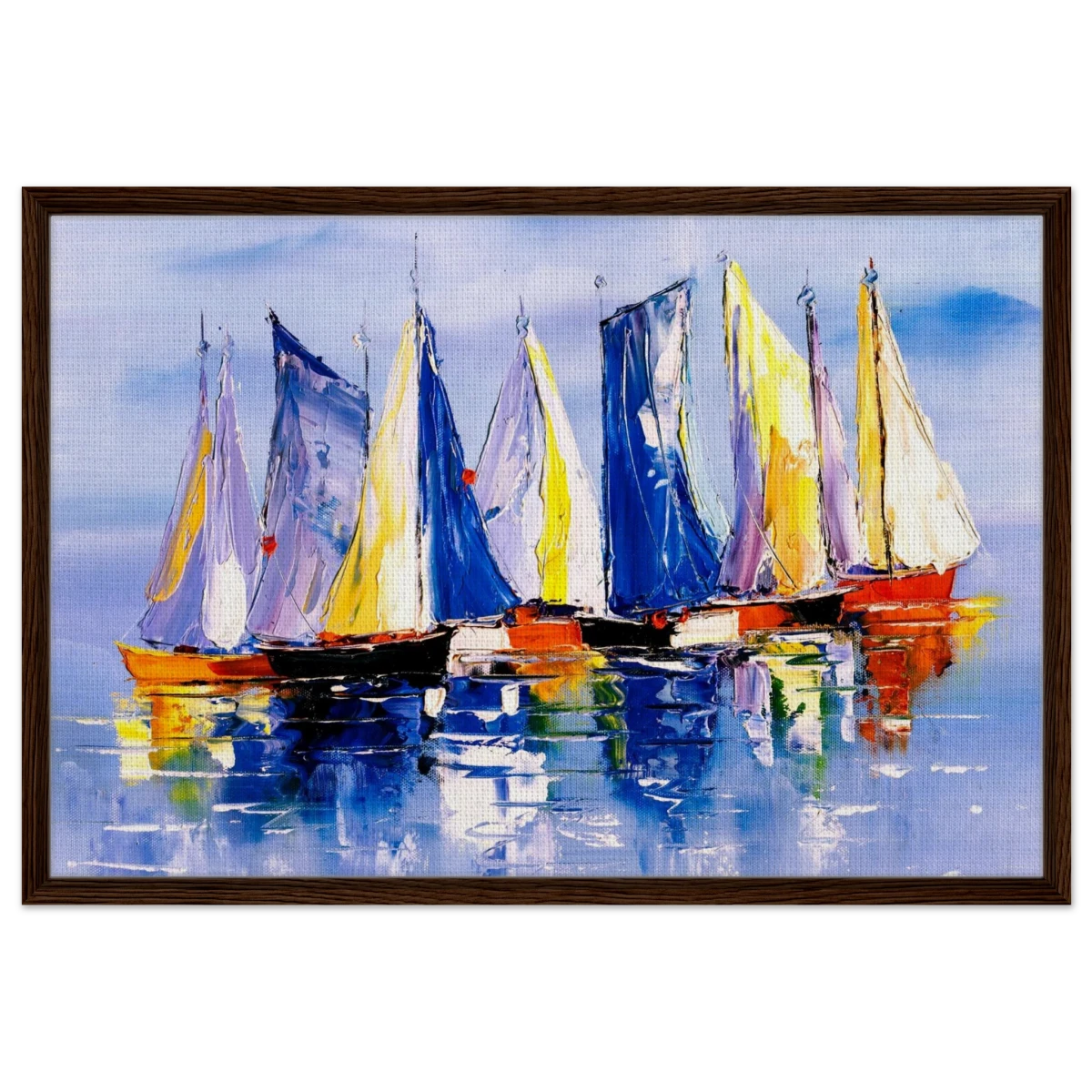 Regatta Reflections – Colourful Sailboats Wall Art Print - Framed Canvas - 60x90 cm / 24x36″ - Dark wood frame