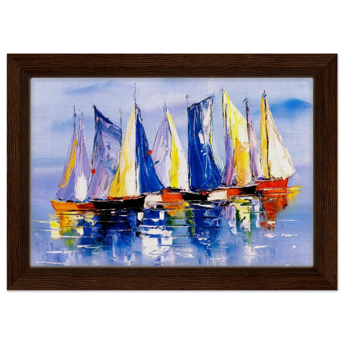 Regatta Reflections – Colourful Sailboats Wall Art Print - Framed Canvas - 20x30 cm / 8x12″ - Dark wood frame