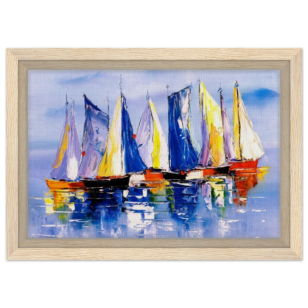 Regatta Reflections – Colourful Sailboats Wall Art Print - Framed Canvas - 20x30 cm / 8x12″ - Wood frame