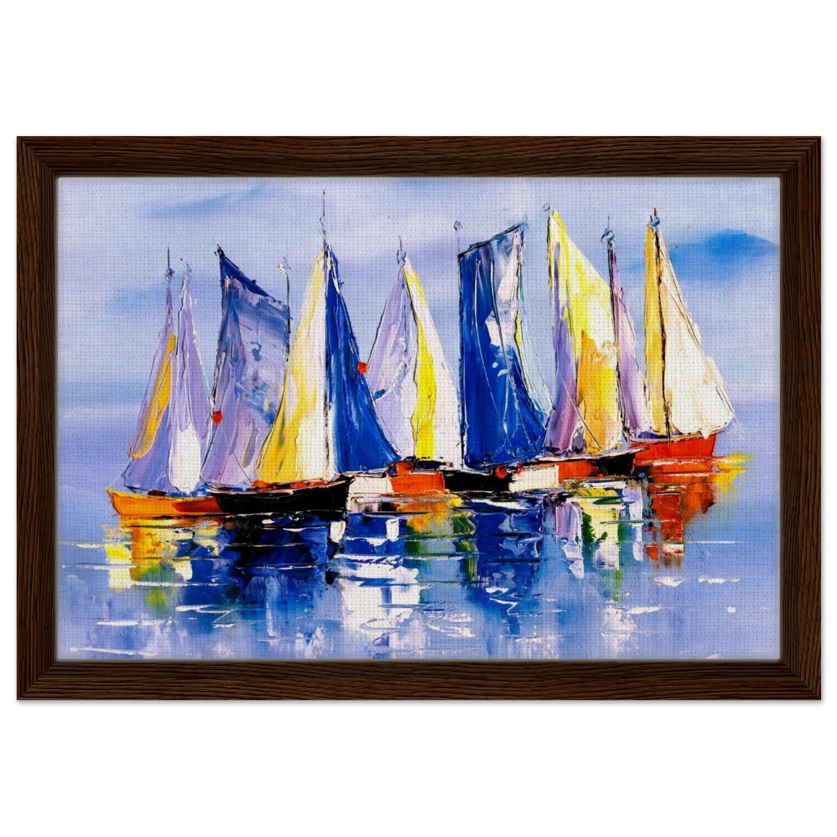 Regatta Reflections – Colourful Sailboats Wall Art Print - Framed Canvas - 30x45 cm / 12x18″ - Dark wood frame