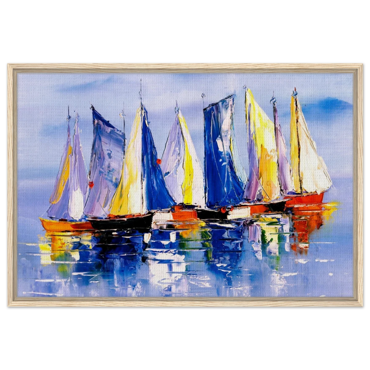Regatta Reflections – Colourful Sailboats Wall Art Print - Framed Canvas - 60x90 cm / 24x36″ - Wood frame