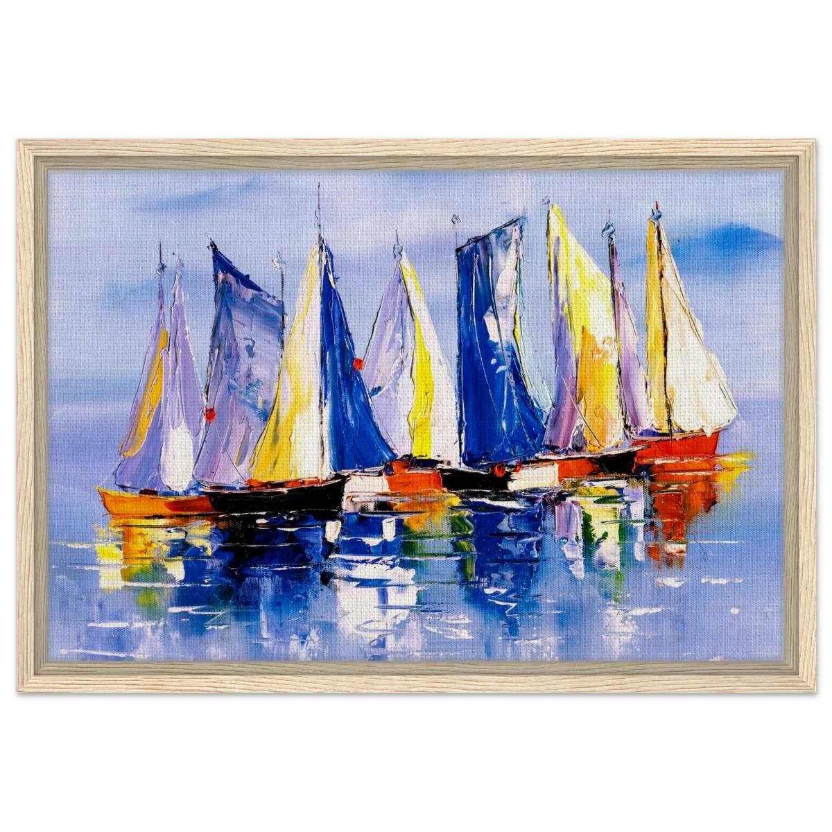 Regatta Reflections – Colourful Sailboats Wall Art Print - Framed Canvas - 40x60 cm / 16x24″ - Wood frame