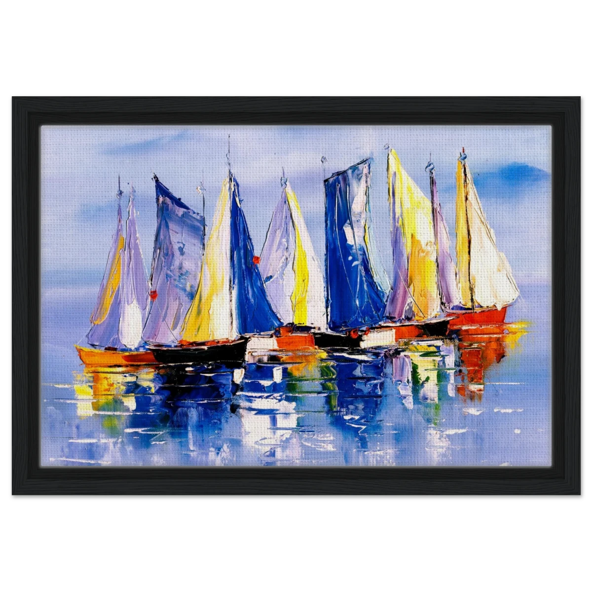 Regatta Reflections – Colourful Sailboats Wall Art Print - Framed Canvas - 30x45 cm / 12x18″ - Black frame