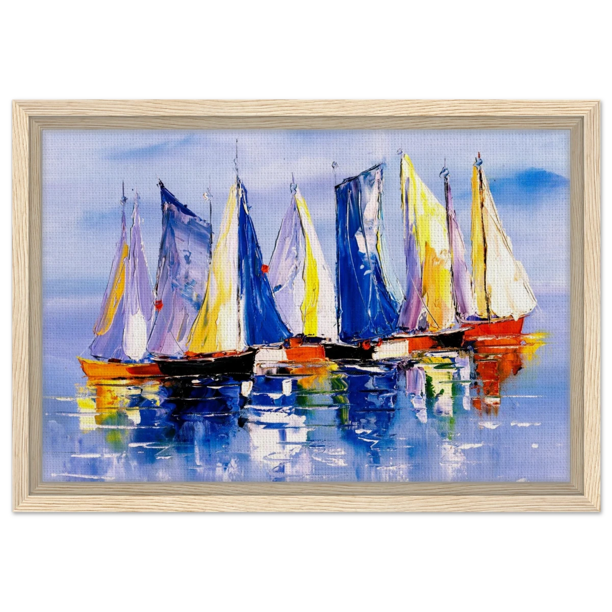 Regatta Reflections – Colourful Sailboats Wall Art Print - Framed Canvas - 30x45 cm / 12x18″ - Wood frame