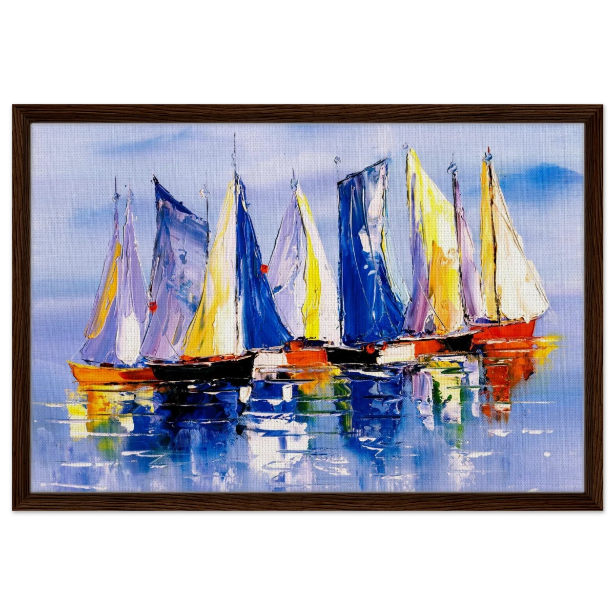 Regatta Reflections – Colourful Sailboats Wall Art Print - Framed Canvas - 50x75 cm / 20x30″ - Dark wood frame