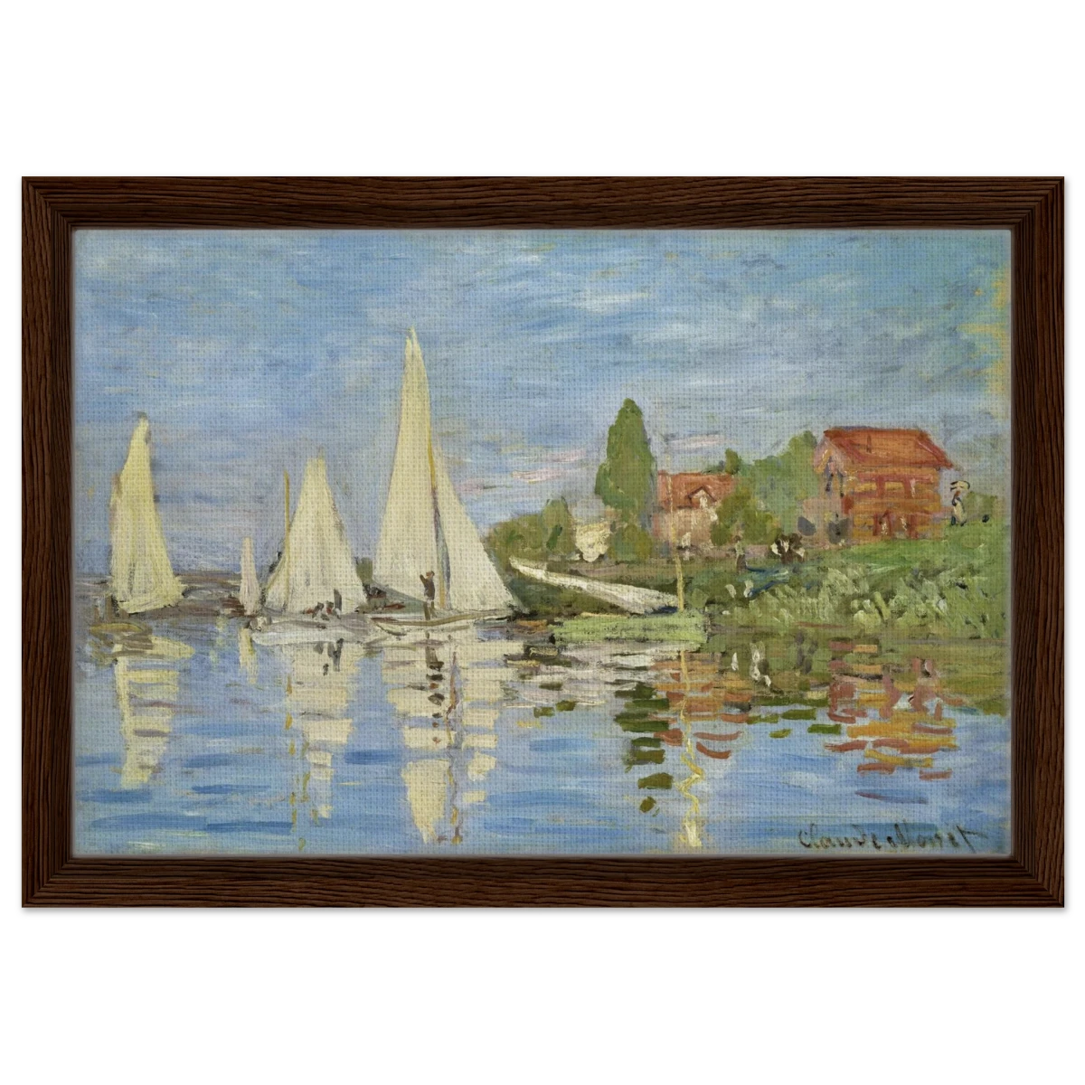 Regattas at Argenteuil – By Claude Monet | Wall art Print - Framed Canvas - 30x45 cm / 12x18″ - Dark wood frame