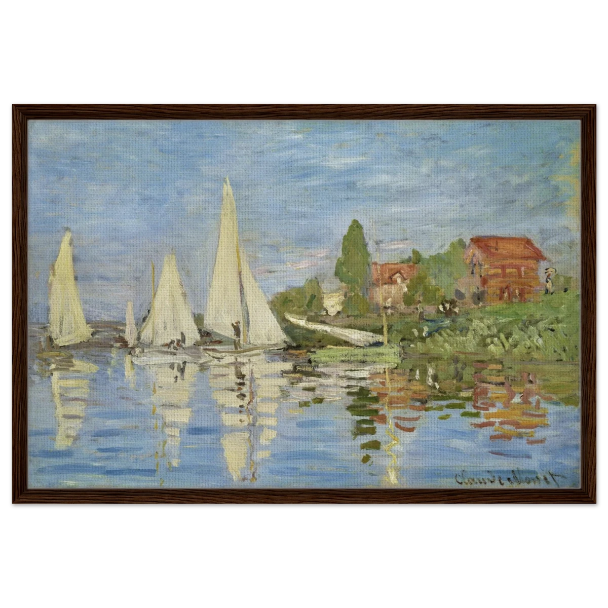 Regattas at Argenteuil – By Claude Monet | Wall art Print - Framed Canvas - 60x90 cm / 24x36″ - Dark wood frame