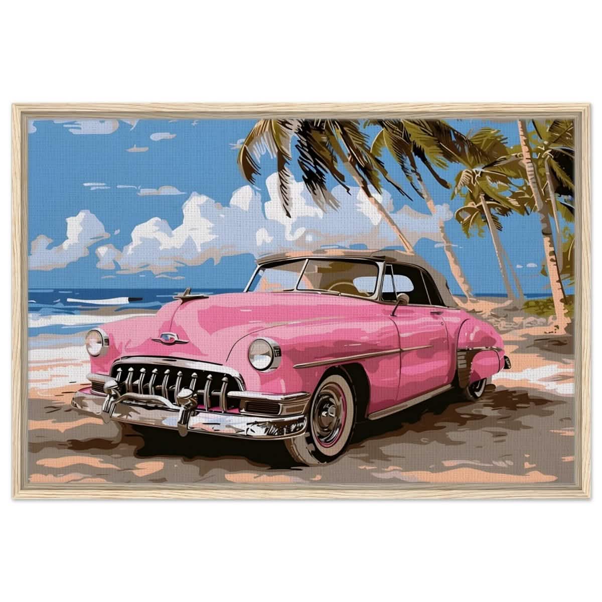 Retro Getaway – Pink Classic on the Beach | digital illustration with a vector - style aesthetic - 60x90 cm / 24x36″ - Framed Canvas - Wood frame