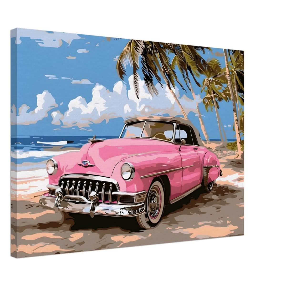 Retro Getaway – Pink Classic on the Beach | digital illustration with a vector - style aesthetic - 50x70 cm / 20x28″ - Canvas -