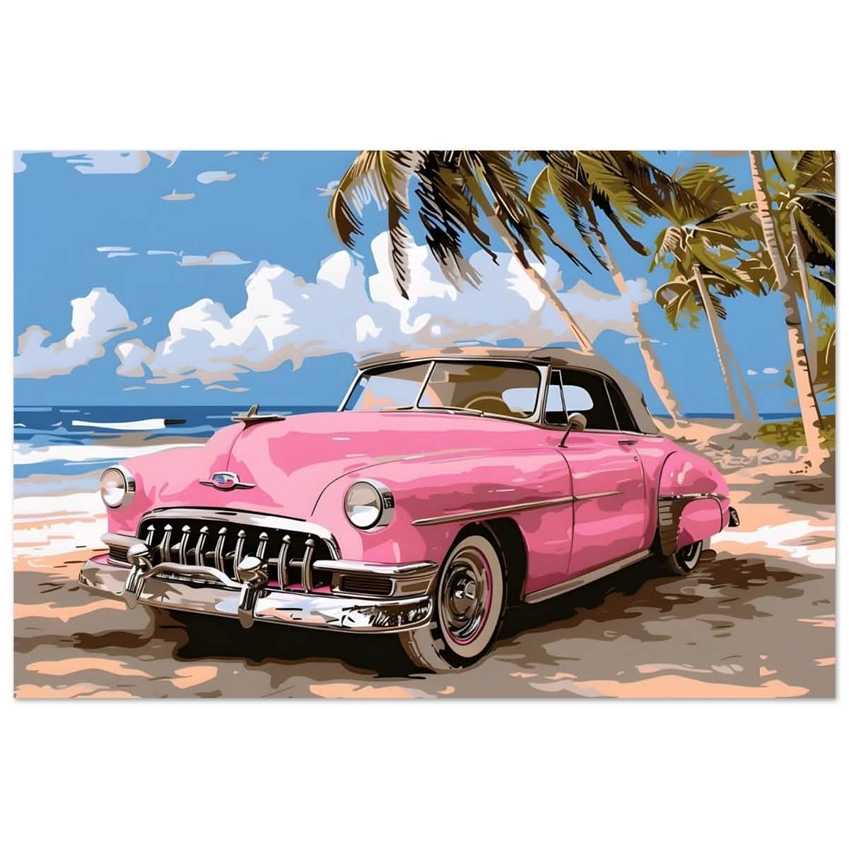 Retro Getaway – Pink Classic on the Beach | digital illustration with a vector - style aesthetic - 60x90 cm / 24x36″ - Aluminum Print -