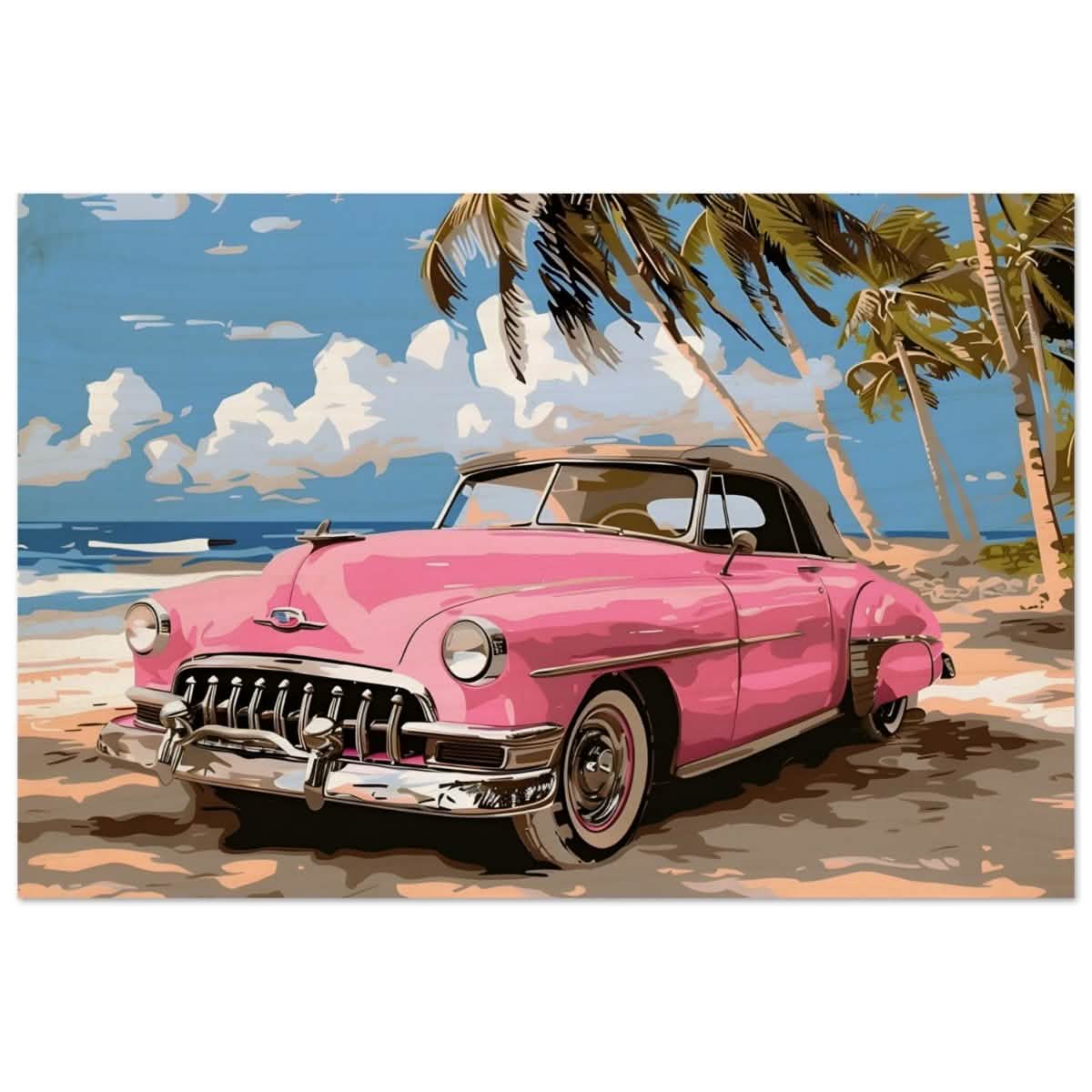 Retro Getaway – Pink Classic on the Beach | digital illustration with a vector - style aesthetic - 40x60 cm / 16x24″ - Wood Prints -