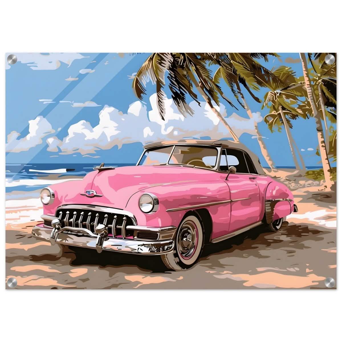 Retro Getaway – Pink Classic on the Beach | digital illustration with a vector - style aesthetic - 50x70 cm / 20x28″ - Acrylic Print -