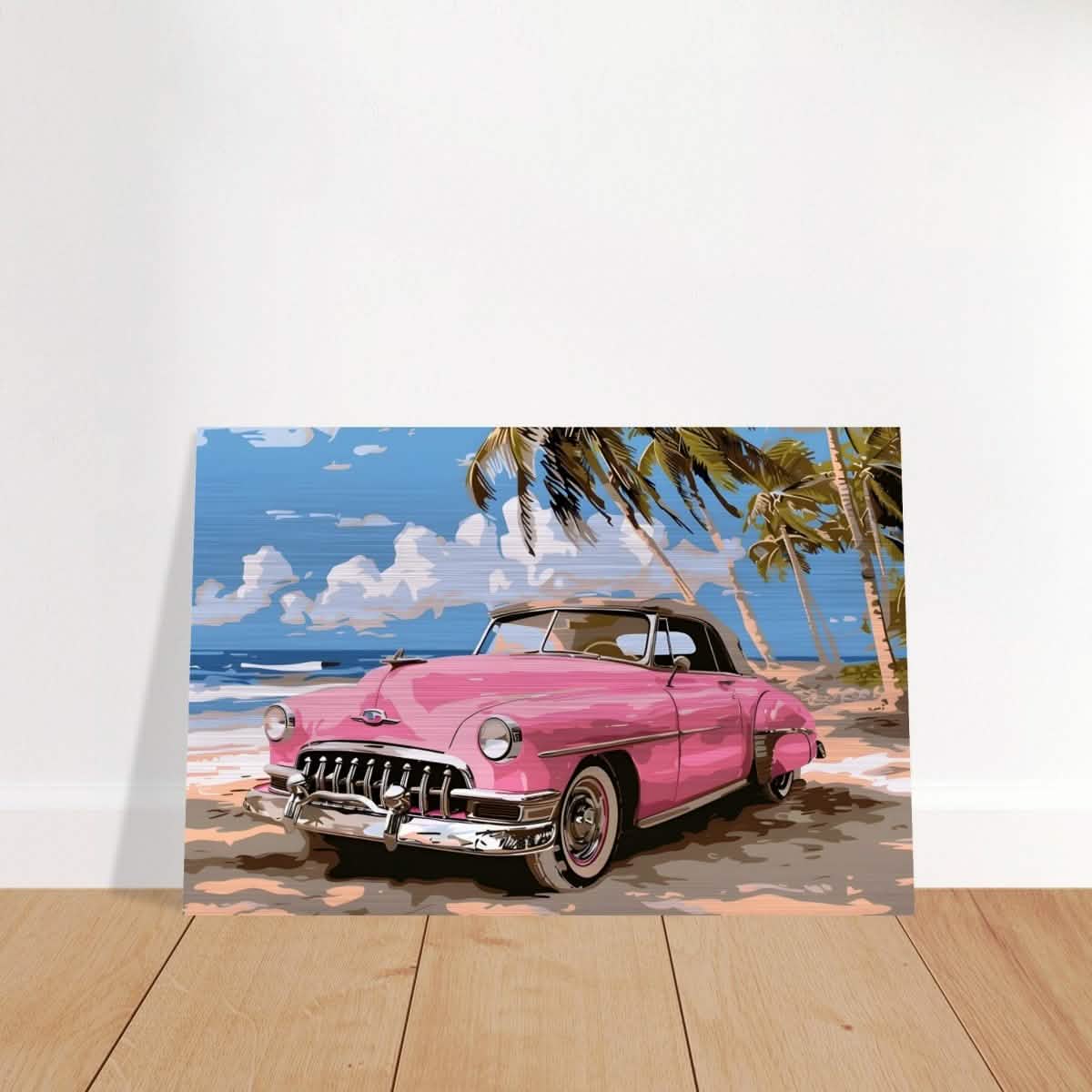 Retro Getaway – Pink Classic on the Beach | digital illustration with a vector - style aesthetic - 40x60 cm / 16x24″ - Brushed Aluminum Print -