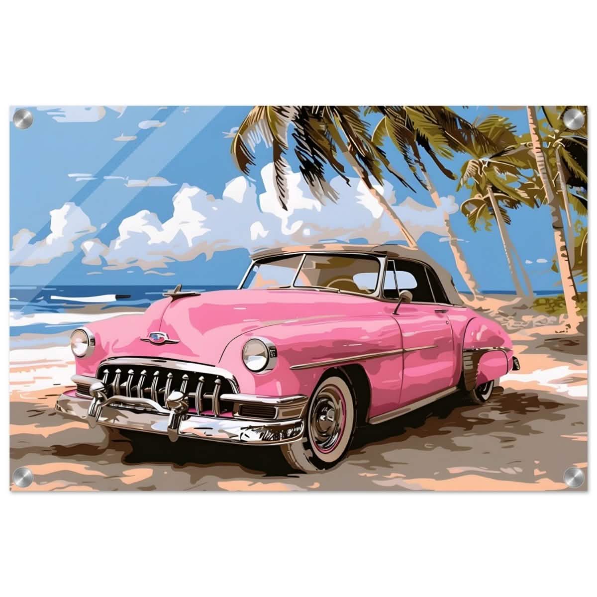 Retro Getaway – Pink Classic on the Beach | digital illustration with a vector - style aesthetic - 40x60 cm / 16x24″ - Acrylic Print -